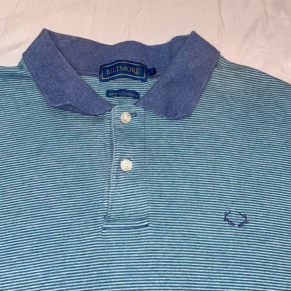 Biltmore Mens Teal Blue Striped Cotton Polo Shirt Large Short Sleeve Antler Logo